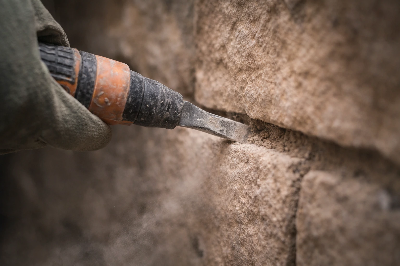 Craftsman carefully removing cement from sandstone